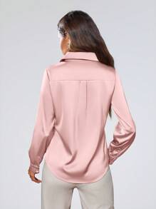 SHEIN Privé 长袖女式纯色衬衫优雅商务休闲女式纽扣衬衫 - 粉色 - 查看 2