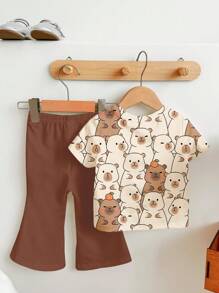 SHEIN Happikins Cute Capybara Print, Maillard Color, Baby Girl Casual Minimalist Short Sleeve Crew Neck T-Shirt & Flare Pants Set, Suitable For Spring/Summer - Multicolor - View 2