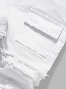 年轻男孩新款时尚贴布毛边白色弹力牛仔工装牛仔裤，带口袋，适合男孩春夏室内/室外服装和日常街头服饰