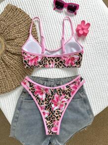 Swim Mod 2pcs Women's Random Printed Sexy Spaghetti Strap High Cut Bikini Set, Summer Swimwear - Multicolor - View 2