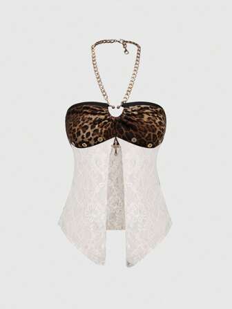 Y2K Retro Sexy Spaghetti Kreuz Dekor Leopard Spitze Neckholder Tank Top Für Frauen