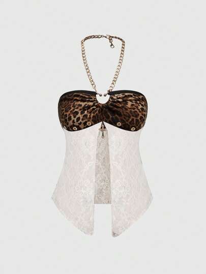 Y2K Retro Sexy Spaghetti Cross Decor Leopard Lace Halter Neck Tank Top For Women