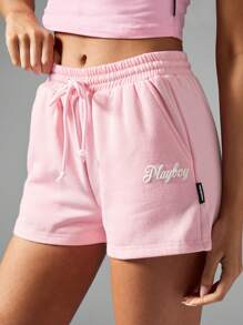 Missguided x Playboy Hochtaillierte atmungsaktive Lounge Sweat Shorts mit Doppel-Hasen-Logo, Kordelzug, elastischem Bund, perfekt für Indoor-Workouts, Tanz-Training, Sommer-Gym