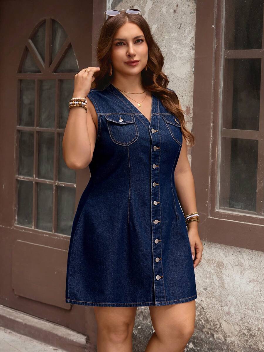 EMERY ROSE Plus Size Casual Denim Dress, Fashionable Suitable For Summer - Navy Blue - View 1