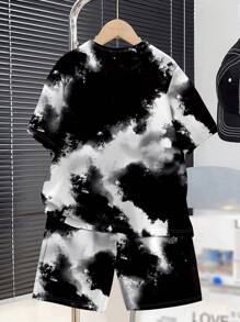 SHEIN 2pcs/Set Teenage Boys Casual Simplistic Tie Dye Retro Print Short Sleeve Crew Neck Outfit, Summer