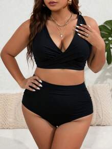 SHEIN Swim Curve Plus Size 2pcs Solid V-Neck Top And High Waist Shorts Women Summer Resort Bikini Set Sets - Black - View 4