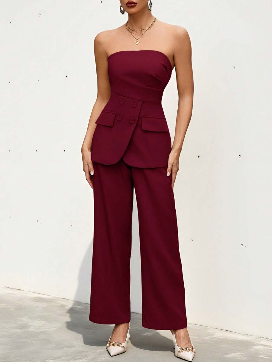 Aveloria Modichic 2pcs Women Elegant Commuting Solid Color Camisole Top And Pants Set - Red - View 1