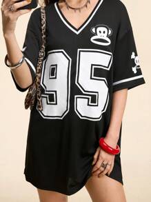 Paul Frank X SHEIN Women's Casual Sports Street Game Letter & Number Graphic  Monkey & Casual Black Loose V-Neck Short Sleeve T-Shirt Dress For Summer