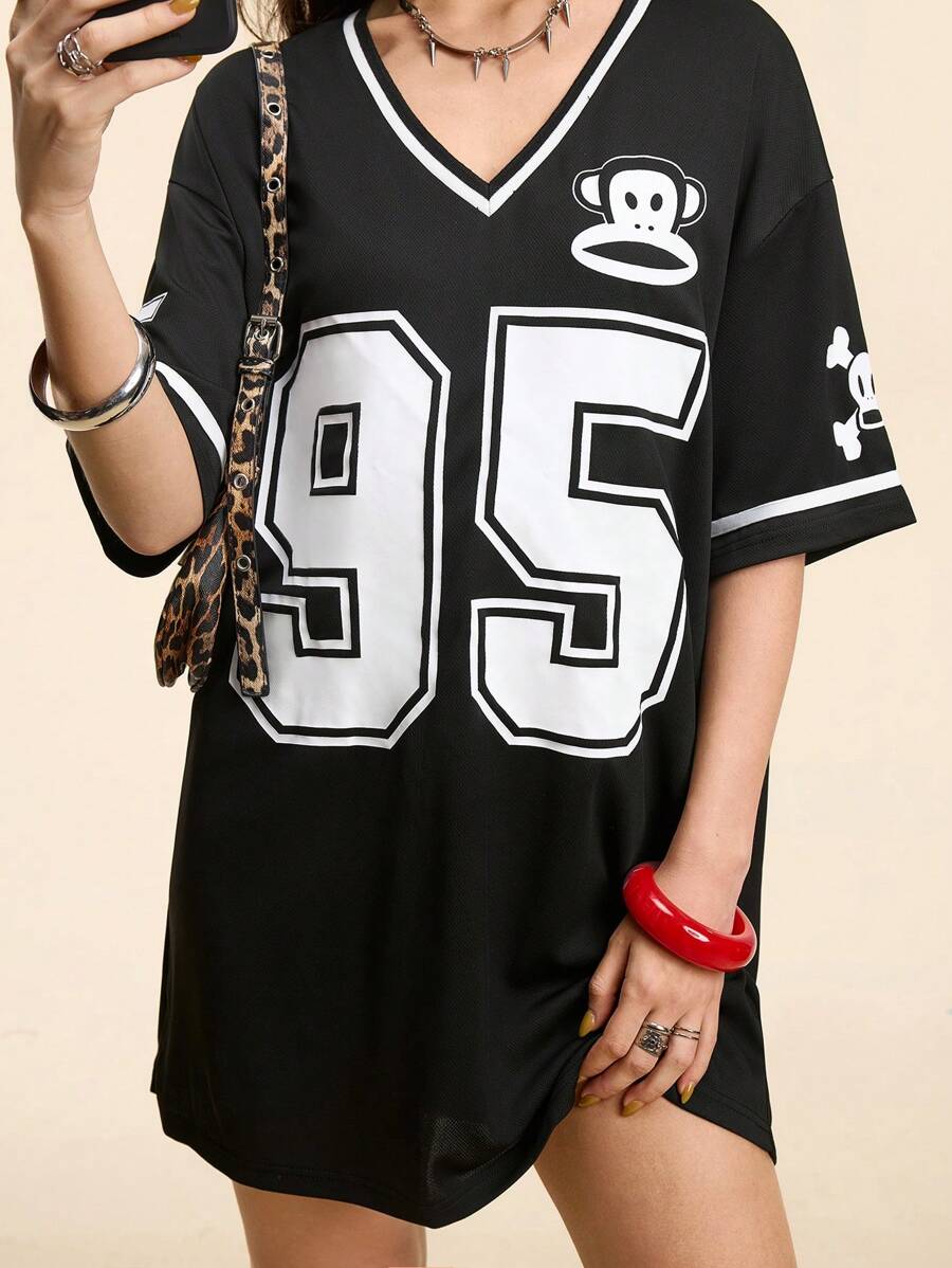 Paul Frank X SHEIN Women's Casual Sports Street Game Letter & Number Graphic  Monkey & Casual Black Loose V-Neck Short Sleeve T-Shirt Dress For Summer