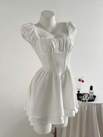 Elamini Vintage French Style Square Neck Waist Shaping Two-Tier Puff Dress