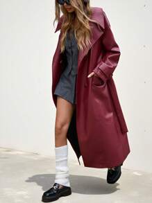 Chiquease Fashionable Wine Red PU Leather Lapel Long Sleeve Jacket For Women, Autumn Holiday Party Clothes  Fall Cloth For Women - Burgundy - View 4