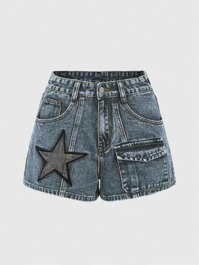 Grunge Punk Pantalones cortos vaqueros de cargo con bolsillos y bordado de estrella negra en estilo punk, para verano