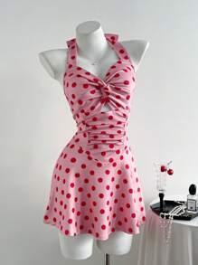 Elamini Retro Polka Dot Spaghetti Strap Backless Bodycon Mini A-Line Dress - Pink - View 1