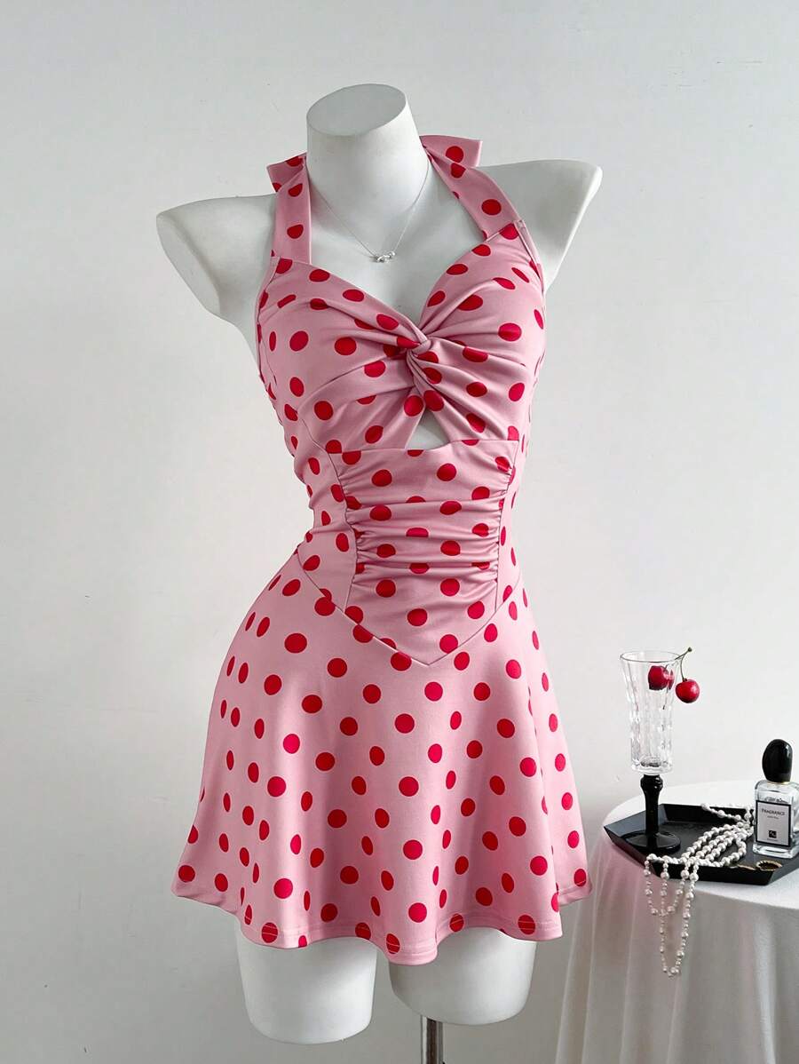 Elamini Retro Polka Dot Spaghetti Strap Backless Bodycon Mini A-Line Dress - Pink - View 1