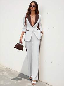 Aveloria Modichic 女士拼色翻领长袖夹克和裤子套装 - 棕色 - 查看 1