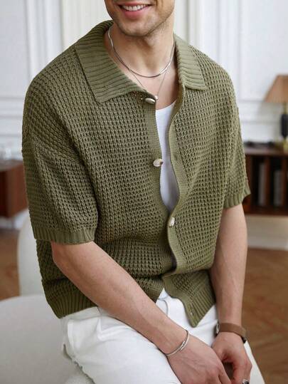 Manfinity Homme Men's Solid Color Button Front Short Sleeve Casual Knitted Top