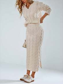 Aveloria Modichic Bộ 2 áo len ngắn cổ chữ V và chân váy xẻ tà thời trang cho nữ, áo len cỡ lớn mùa thu - Màu be - Xem 7