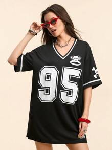 Paul Frank X SHEIN Women's Casual Sports Street Game Letter & Number Graphic  Monkey & Casual Black Loose V-Neck Short Sleeve T-Shirt Dress For Summer