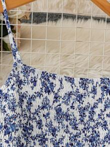 SHEIN LUNE 大码女式碎花节日休闲长款背心裙新年服装长款女装 - 藍白色 - 查看 4