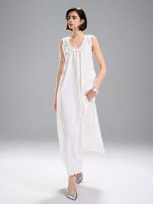 LYSMO 白色女士休闲中长款无袖圆领荷叶边下摆连衣裙