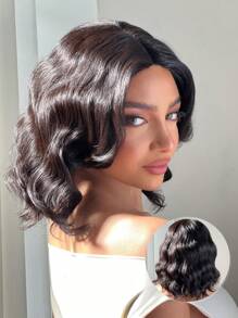 ALL READY WIG 刘海波波头假发，3.5 x 0.5英寸无胶中分蕾丝假发，100%真人发，自然黑渐变粉色，蓬松深波浪，即刻拥有迷人造型 - S1B - 查看 2