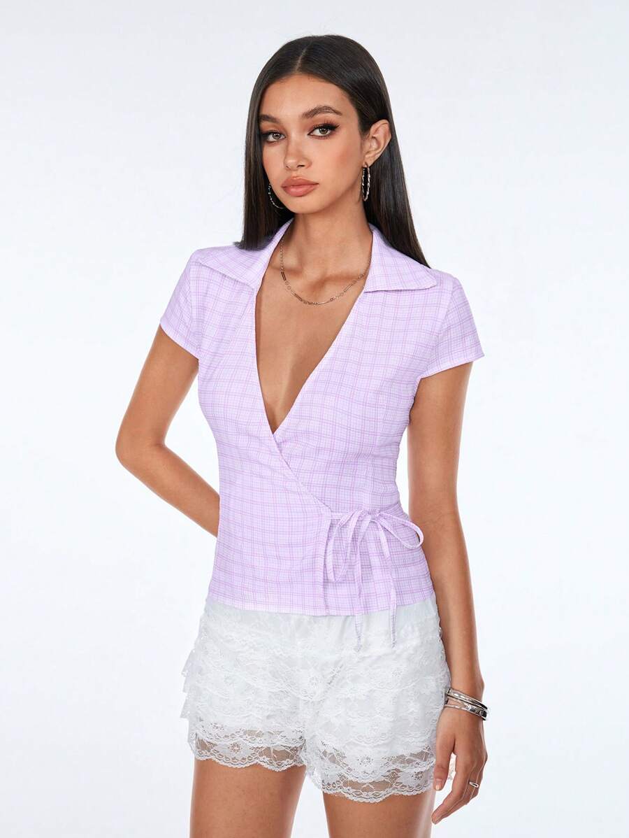 TRNVIE Spring/Summer New Casual Vacation Women's Plaid Bow Wrap Criss-Cross Soft Short Sleeve Blouse - Purple - View 1