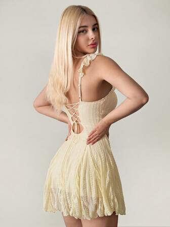 Sweetina Vestido mini acampanado de mujer de color albaricoque con parches de encaje, para verano