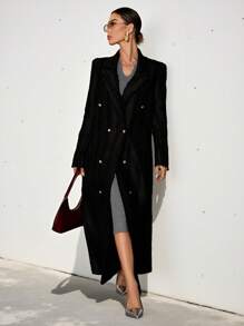 Aveloria Modichic Women's Oversized French Classic Vintage Textured Black Fabric Double Breasted Long Jacket With Padded Shoulders, Work Uniform Outerwear For Autumn  Fall Winter Cloth For Women - Black - View 2