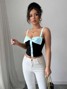 Elenzga Women Contrast Color Rhinestone Bow Decor Cropped Camisole