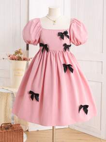 Leap Crew Nova Glow Tween 女童蝴蝶结方领休闲泡泡袖迷你连衣裙 - 淺粉色 - 查看 3