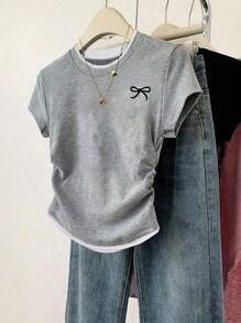 INAWLY Women's Waist Gathered Bowknot Print Versatile T-Shirt - Multicolor - View 1