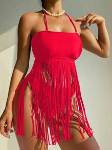 SHEIN Swim 2pcs/Set Fringe Hem Halter Neck Tankini Swimsuit Set For Summer Beach Vacation - Red - View 1