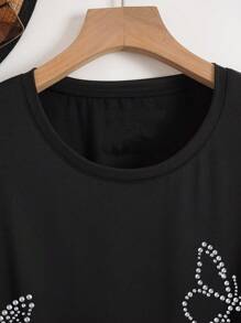 INAWLY Women's Fashionable Versatile Butterfly Rhinestone Decor Short Sleeve T-Shirt, Suitable For Summer - Black - View 3