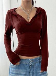 StreetHx Minimal V-Neck Hooded Sweatshirt, Versatile & Fashionable Summer Wear,Graduation,Teacher,Back To School Pullover Fall - Burgundy - View 4