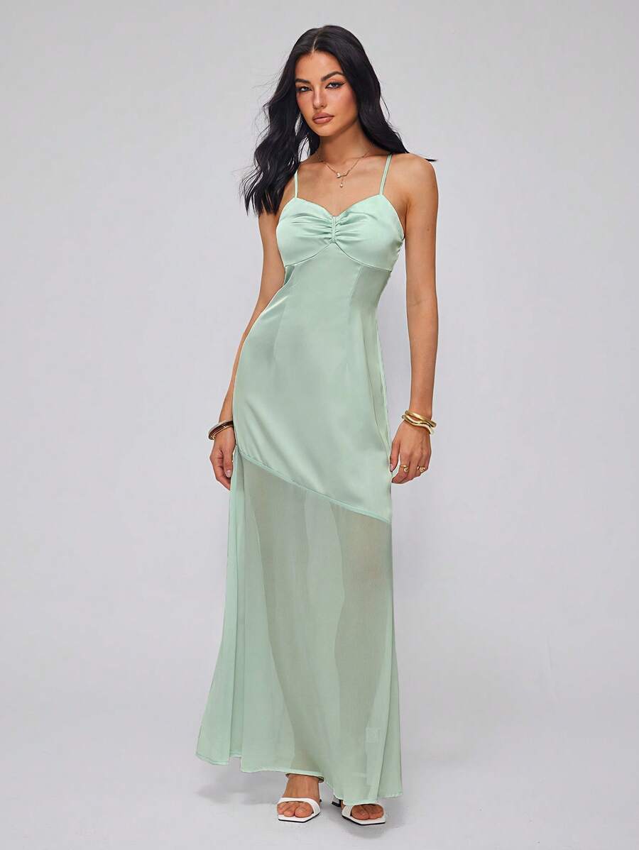 Roylia Women's Satin Cami Mid-Calf Dress Women's Patchwork Mid-Calf Dress, Green - Green - View 1