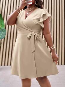 Slaydiva Vestido de talla grande con estilo envolvente, cintura anudada, volantes dobles y silueta en A, para primavera/verano y vacaciones - Caqui - Ver 8