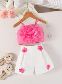 Infant/Baby Girls' Elegant Sweet Streetstyle Pink Floral Spaghetti Strap Top Matching White Shorts Set, Summer