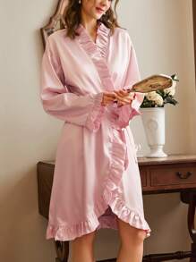 Elegant French Ruffle Pleated Loose Women's Robe, Lounge Wear Luxeloungewear - Pink - View 5