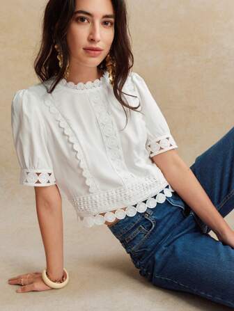 Écloséra 法式浪漫白色蕾丝边复古风格女式短款衬衫