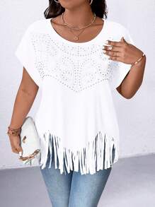 SHEIN LUNE 大码女式圆领短袖水钻流苏T恤