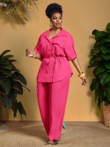 Slaydiva Plus Size Women 2pcs Set Elegant Commuting & Vacation Chest Pocket Cinched Waist Shirt And Pants - Hot Pink - View 7
