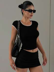 DAZY 女式串珠蕾丝边盖袖针织 T 恤，夏季 - 黑色 - 查看 7