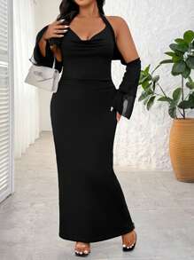 SHEIN PETITE CURVE Plus Size Women Solid Halter Backless Tied Strap Off Shoulder Elegant Maxi Dress Fall Cloth For Women - Black - View 3