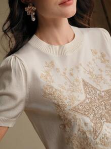 Anewsta Elegant, Casual, Easter, Festival, Vacation Outfits For Women, Vintage-Inspired Star Embroidery Chic Modern Short Sleeve Top, T-Shirt, Blouse For Spring & Summer Festival, Graduation
