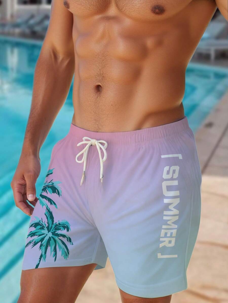 Manfinity RSRT Men's Gradient Pink & Blue Beach Shorts, Palm Tree & "SUMMER" Encounter Seaside Style - Multicolor - View 1