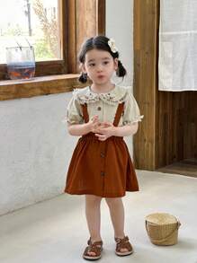 SHEIN Vintaside Kids Baby Girl Floral Embroidered Puff Sleeve Shirt And Suspender Skirt 2 Pieces Set - Multicolor - View 6