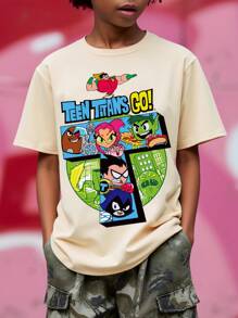 Teen Titans Go X SHEIN Tween Boy Cool Letters And Cartoon Character Pattern Round Neck Cotton Short Sleeve T-Shirt, Summer - Khaki - View 1