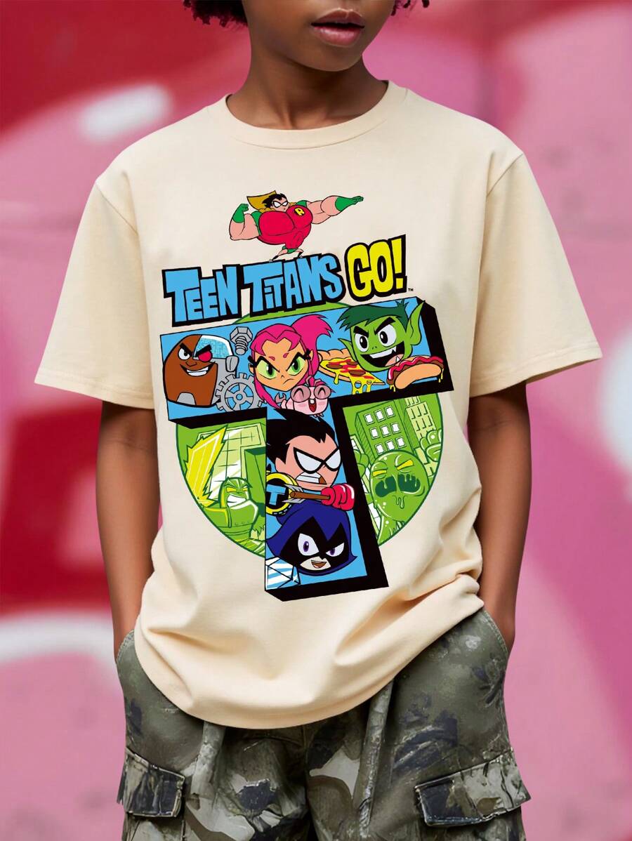 Teen Titans Go X SHEIN Tween Boy Cool Letters And Cartoon Character Pattern Round Neck Cotton Short Sleeve T-Shirt, Summer - Khaki - View 1