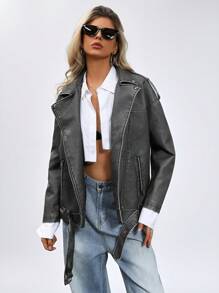 SHEIN ChicEase Chaqueta de estilo vintage con motocicleta, con correa en el hombro y decoración con cremallera para mujer - Gris Oscuro - Ver 3