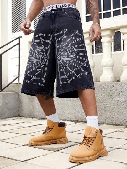 Men's Gothic Rhinestone Spider Web Pattern Denim Shorts